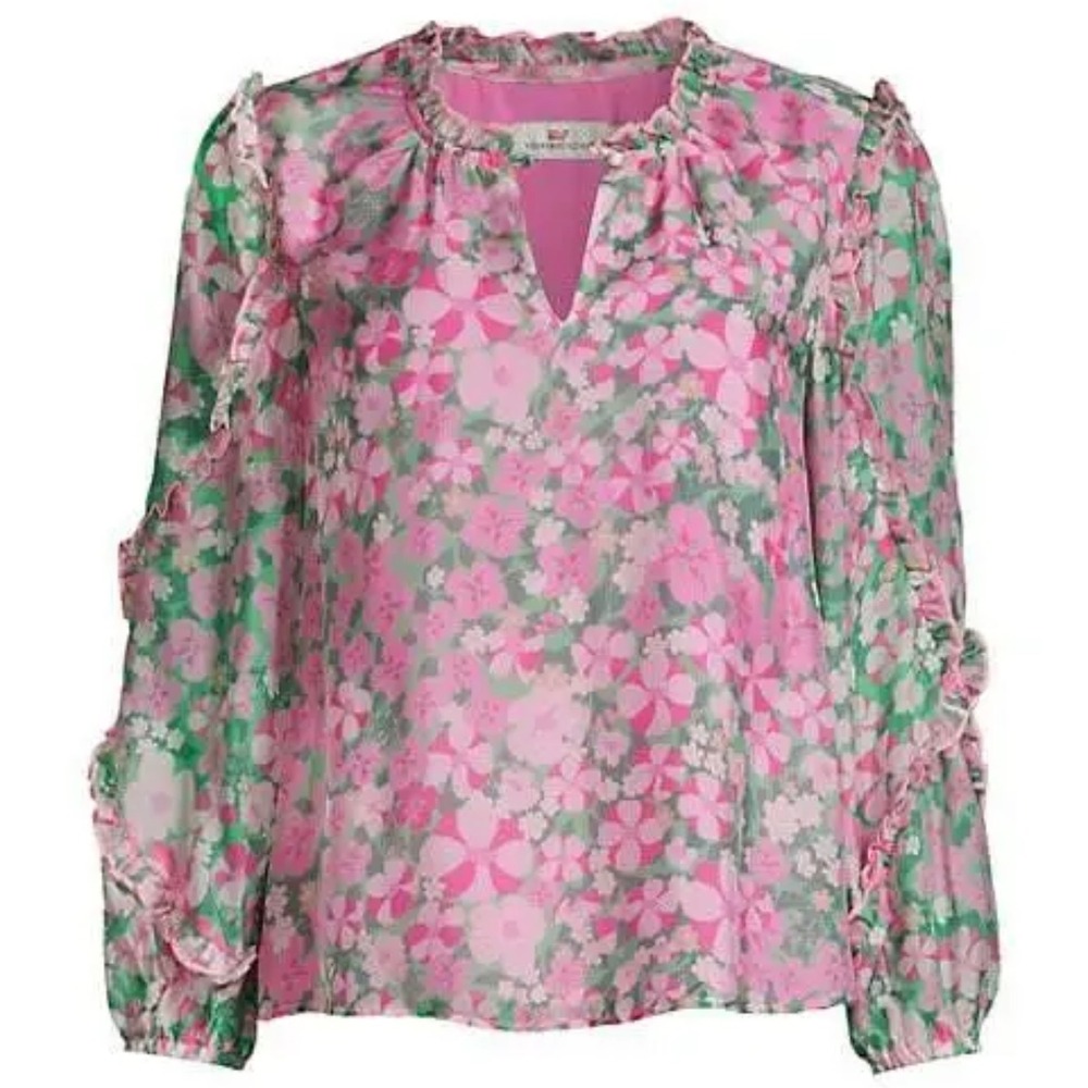 NWT Vineyard Vines Montauk Daisy Ruffle Blouse Womens Medium Preppy Floral